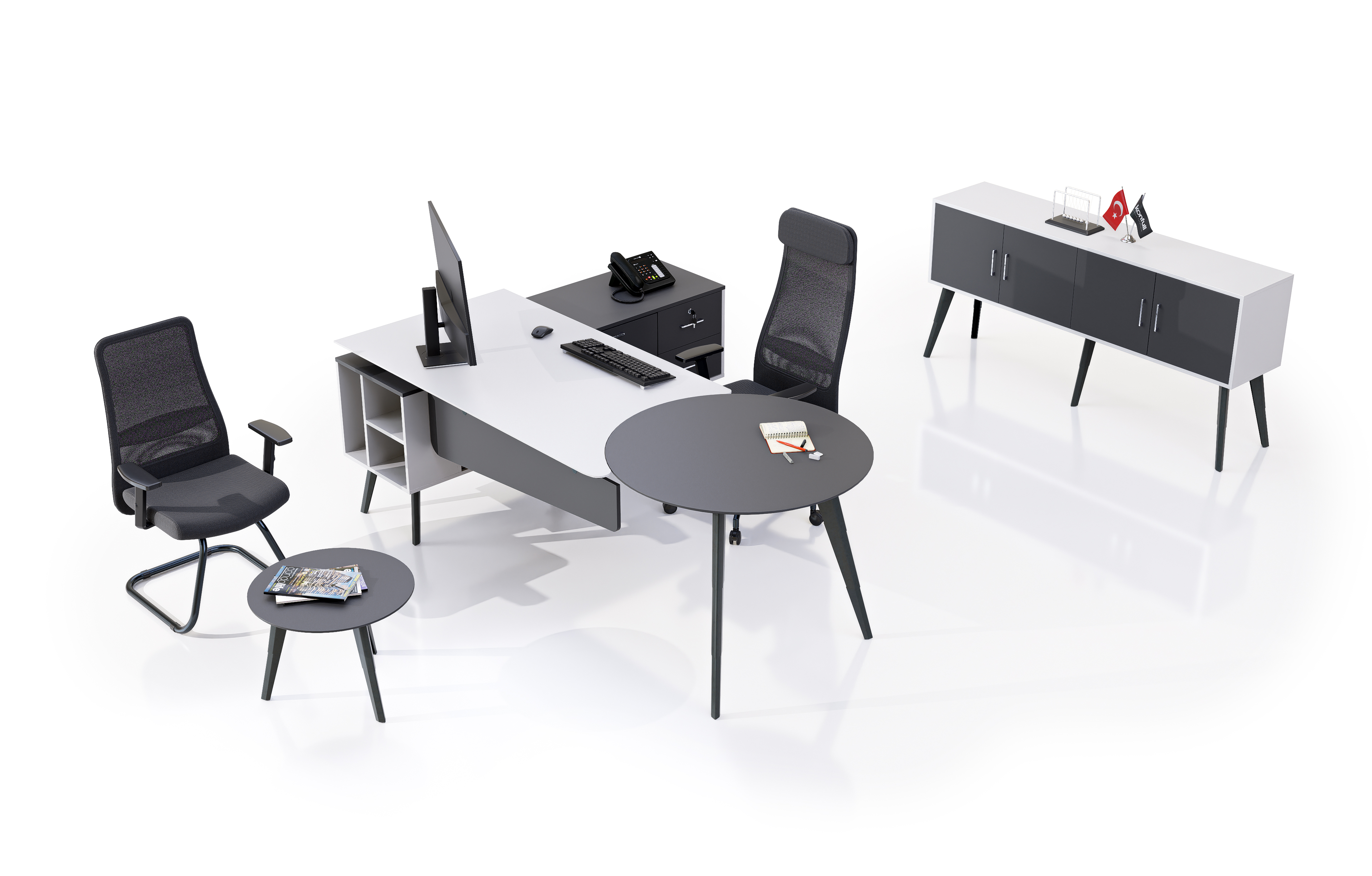 Konfull Executive Desks Sun Rise / Beyaz - Parlak Beyaz-Antrasit Gri