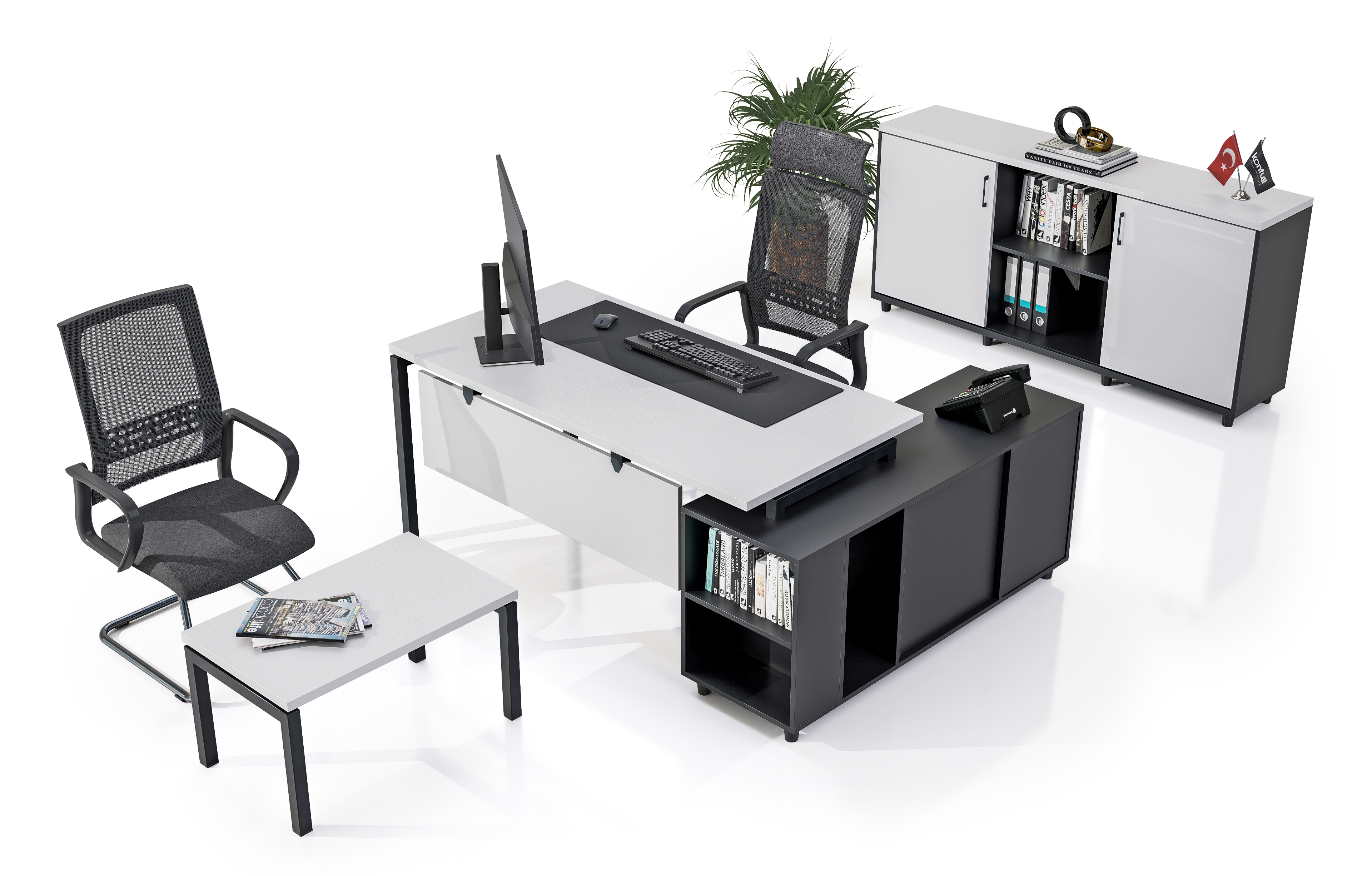 Konfull Study Desks Ferro ETA / Beyaz - Parlak Beyaz-Siyah